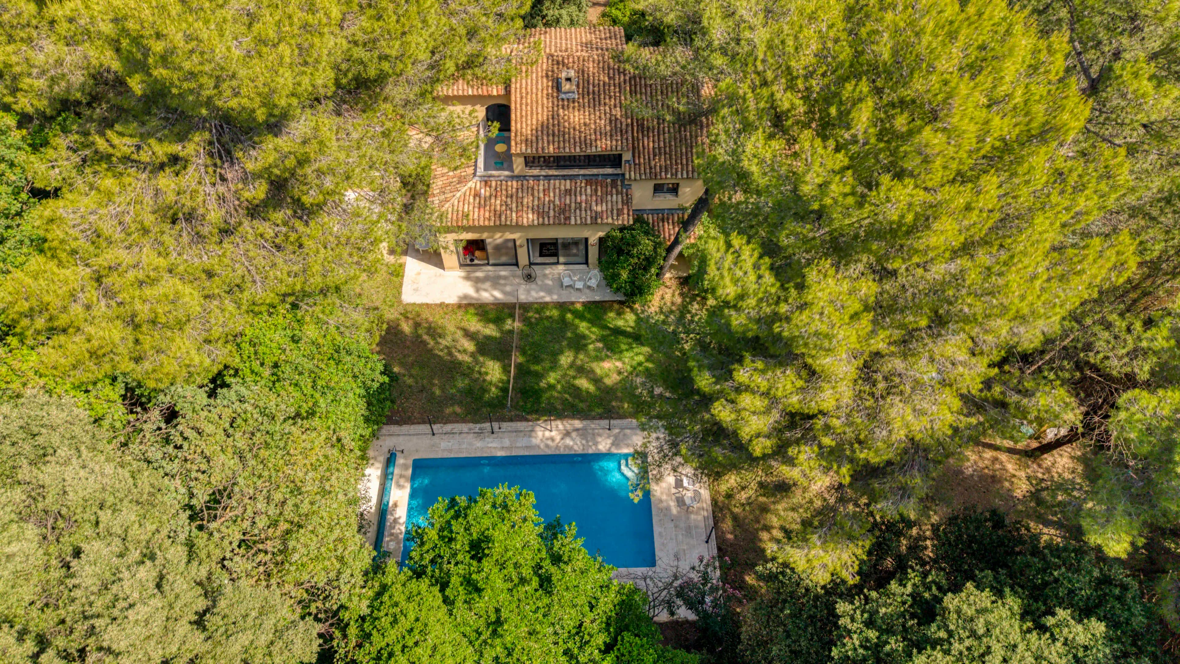 Aerial view — The wooded grounds and pool from above