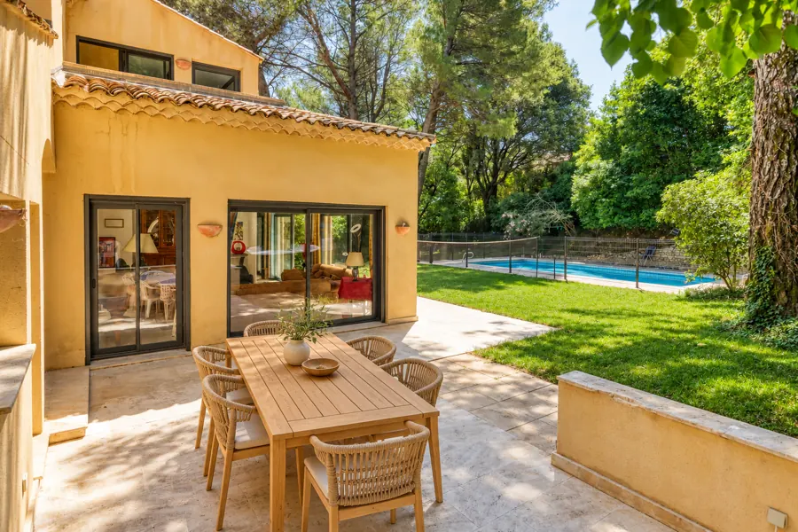 Poolside terrace — wooden furniture